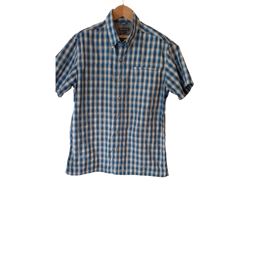 Eddie Bauer Mens Large Blue Plaid Short Sleeve Button Up Hiking Shirt Mesh Back